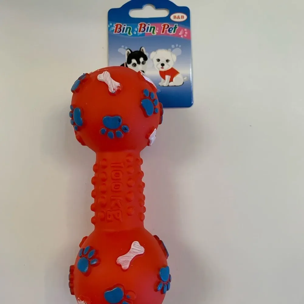 Pet- Squeaky Toy- Dumbbell W/ Paw Prints - Various Colors